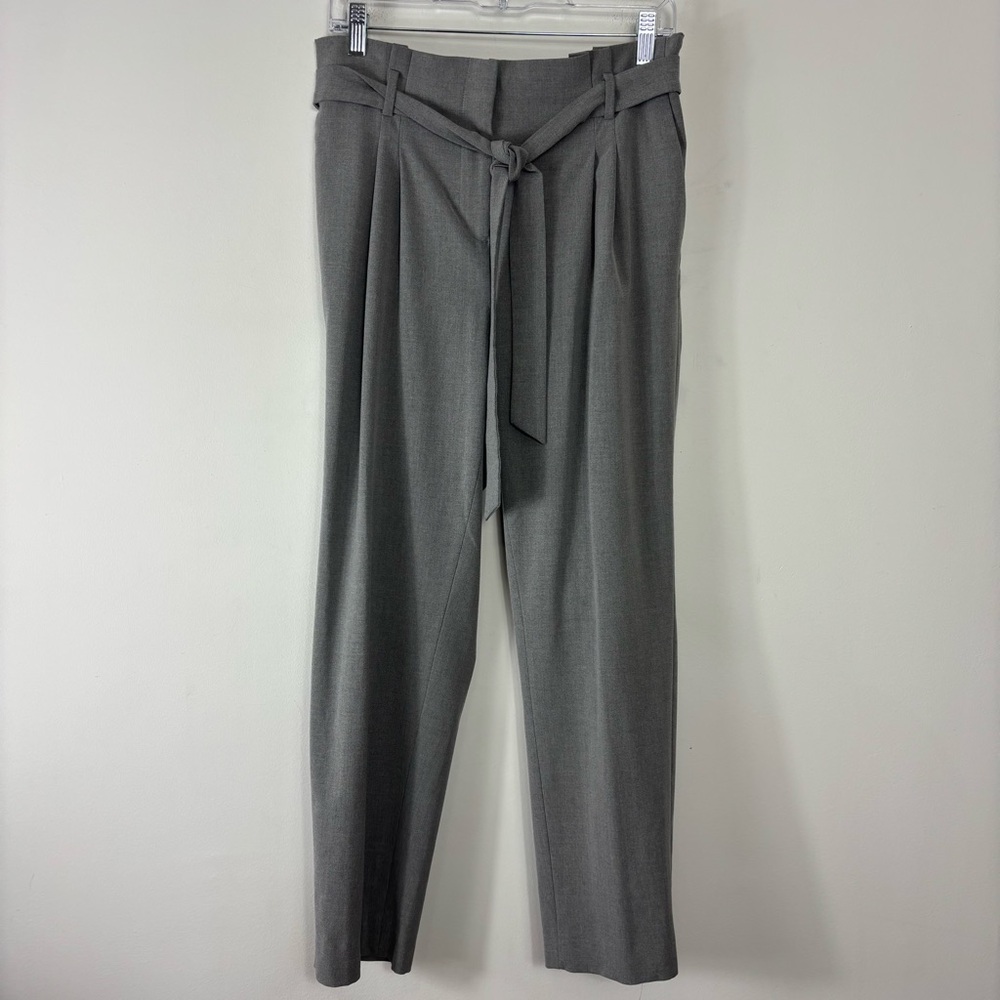 Loft Gray Trousers Womens M Paperbag Style Fabric Belt Tapered Straight Neutral